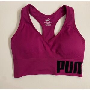 Puma Womens Seamless Racerback Sports Bra Magenta Pink V-Neck Logo Small